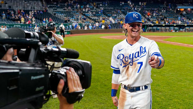 Jul 11, 2022; Kansas City, Missouri, USA; Kansas City Royals shortstop Bobby Witt Jr. (7) reacts after being doused with gatorade after defeating the Detroit Tigers at Kauffman Stadium. Mandatory Credit: Jay Biggerstaff-USA TODAY Sports